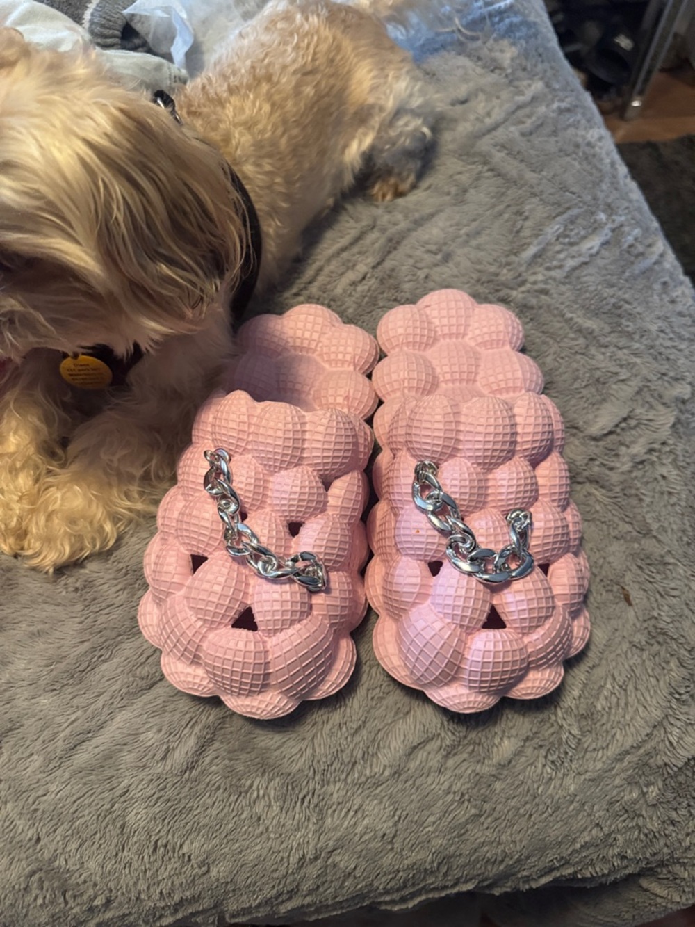 Chunky Bubble Slide Sandals in Light Pink with Silver Chain